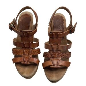 Sbicca Size 38 8 Brown Tan Woven Leather Wedges Sandals Platforms California USA
